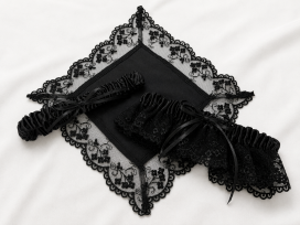 Black Silk and French Lace Garter & Hanky Set